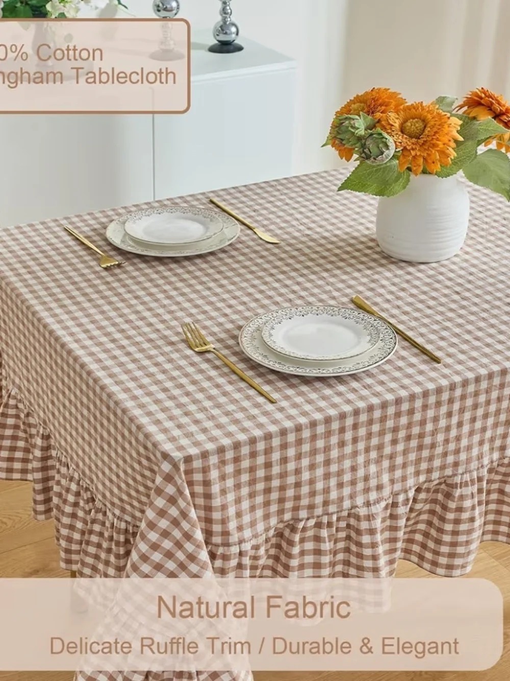 Ruffled Gingham Cotton Tablecloth Rectangular 120x60 In